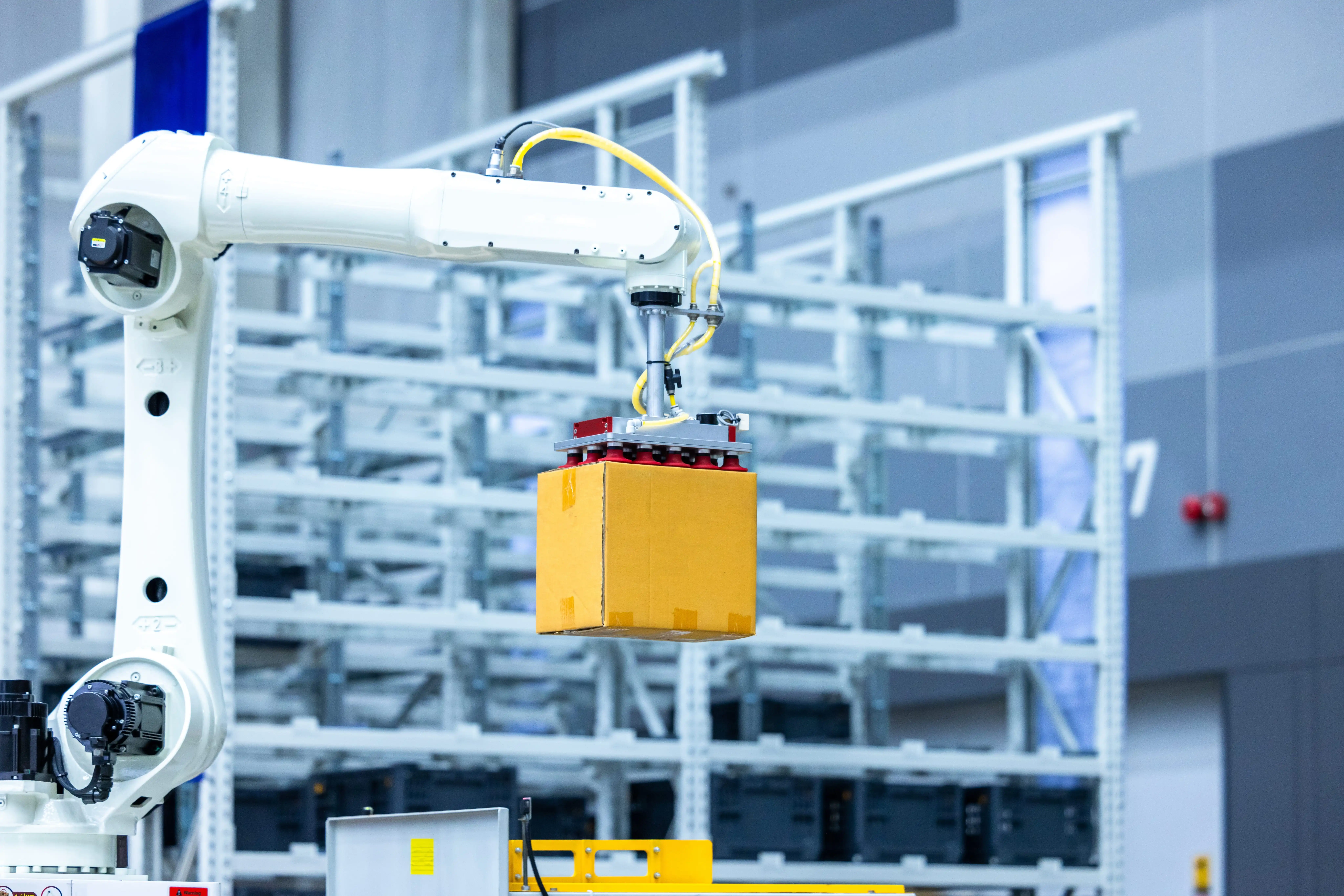 Robot de palettisation saisissant un carton